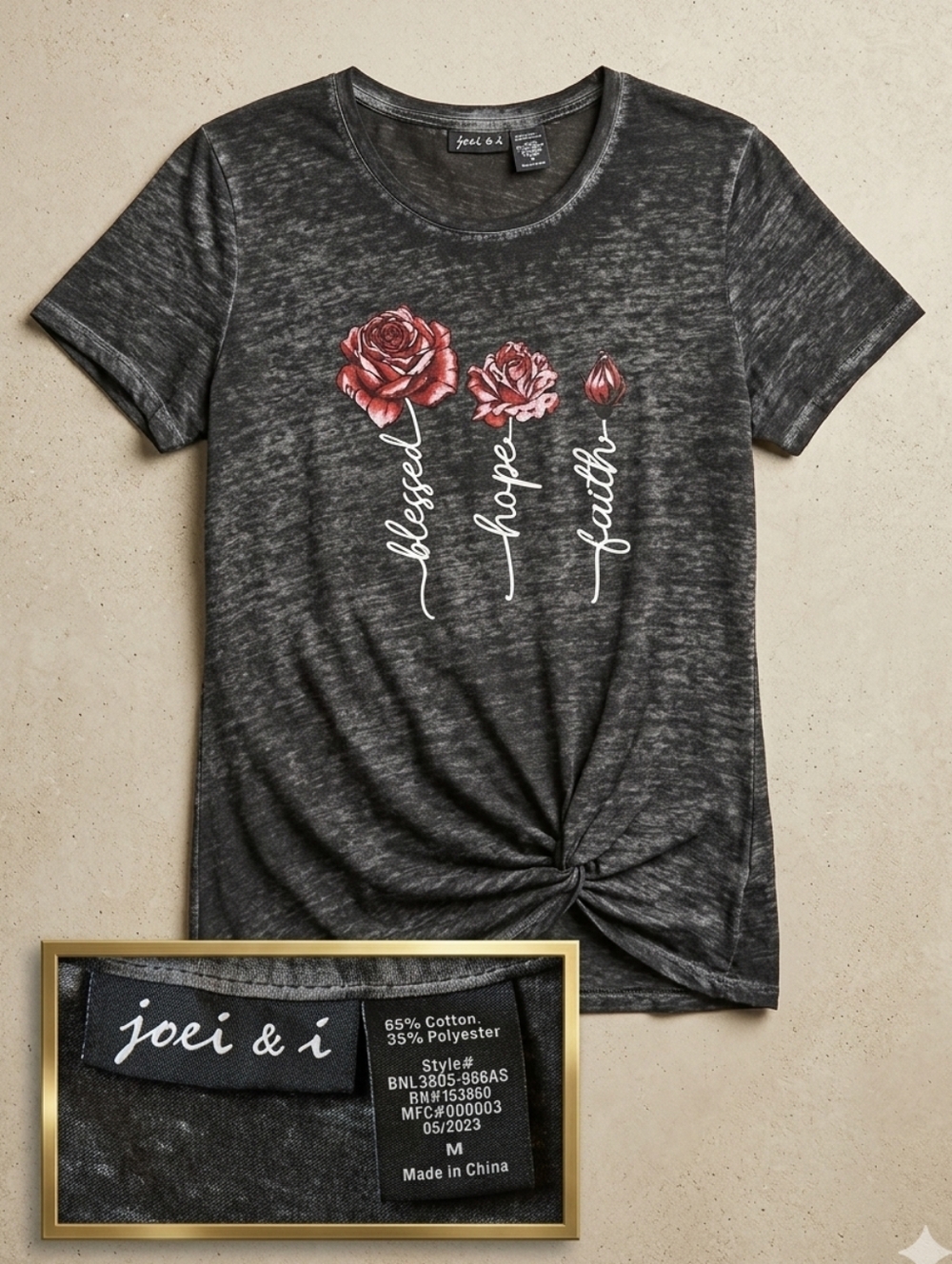 Charcoal Rose Graphic Knot Front Tee - Gray with Pink Roses
